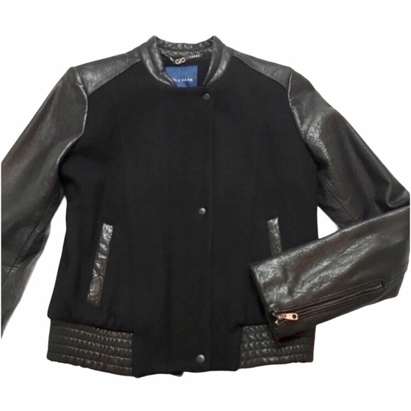 COLE HAAN Leather & Wool Bomber Jacket Black - Picture 3 of 8